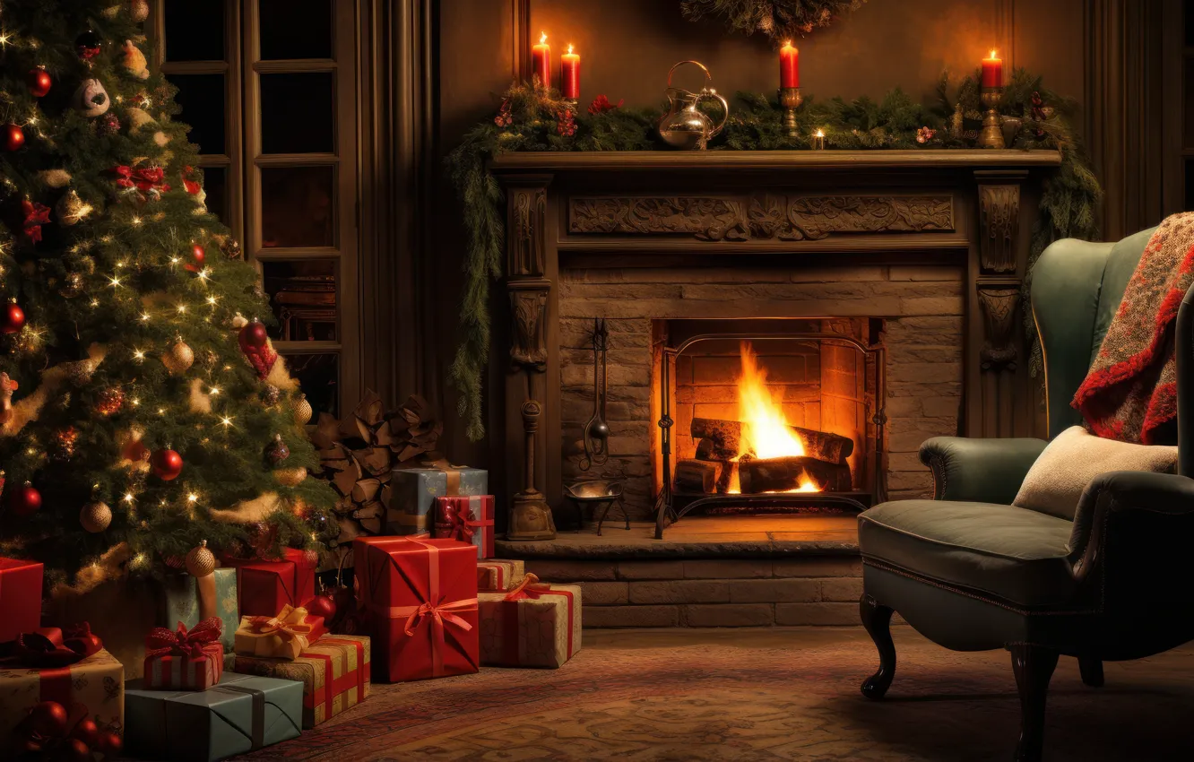 Photo wallpaper lights, comfort, heat, room, flame, furniture, new year, home