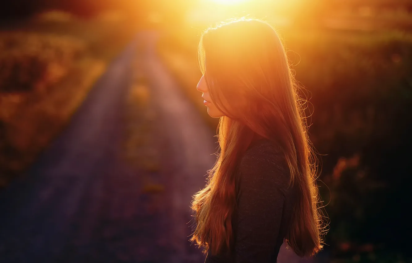 Photo wallpaper girl, sunset, silhouette, profile, sunlight