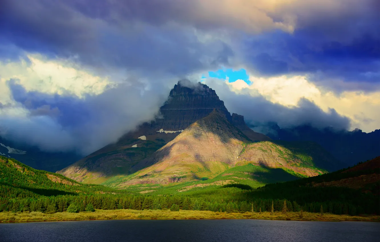 Photo wallpaper forest, the sky, clouds, clouds, lake, mountain, USA, Montana