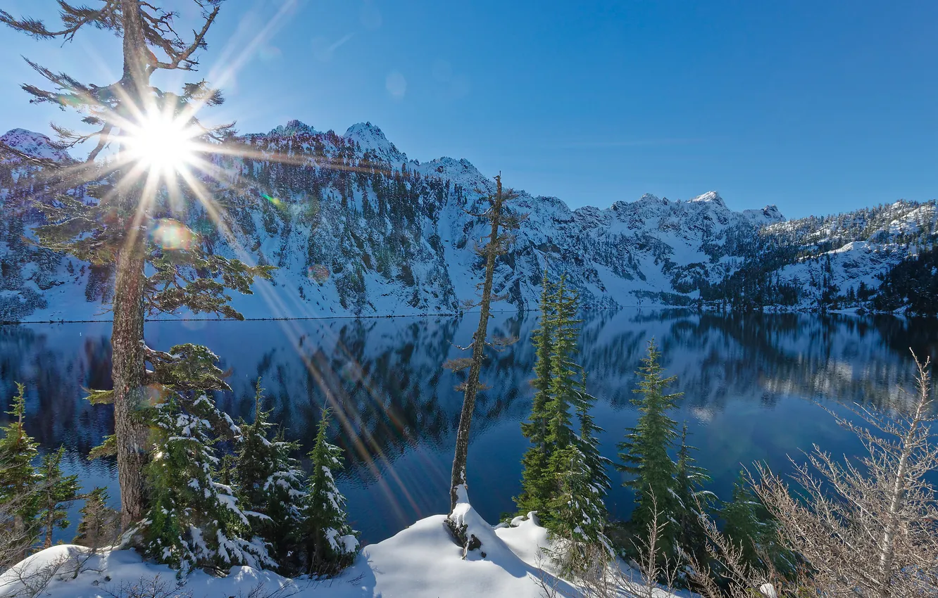 Photo wallpaper winter, snow, trees, mountains, lake, reflection, Washington, The cascade mountains