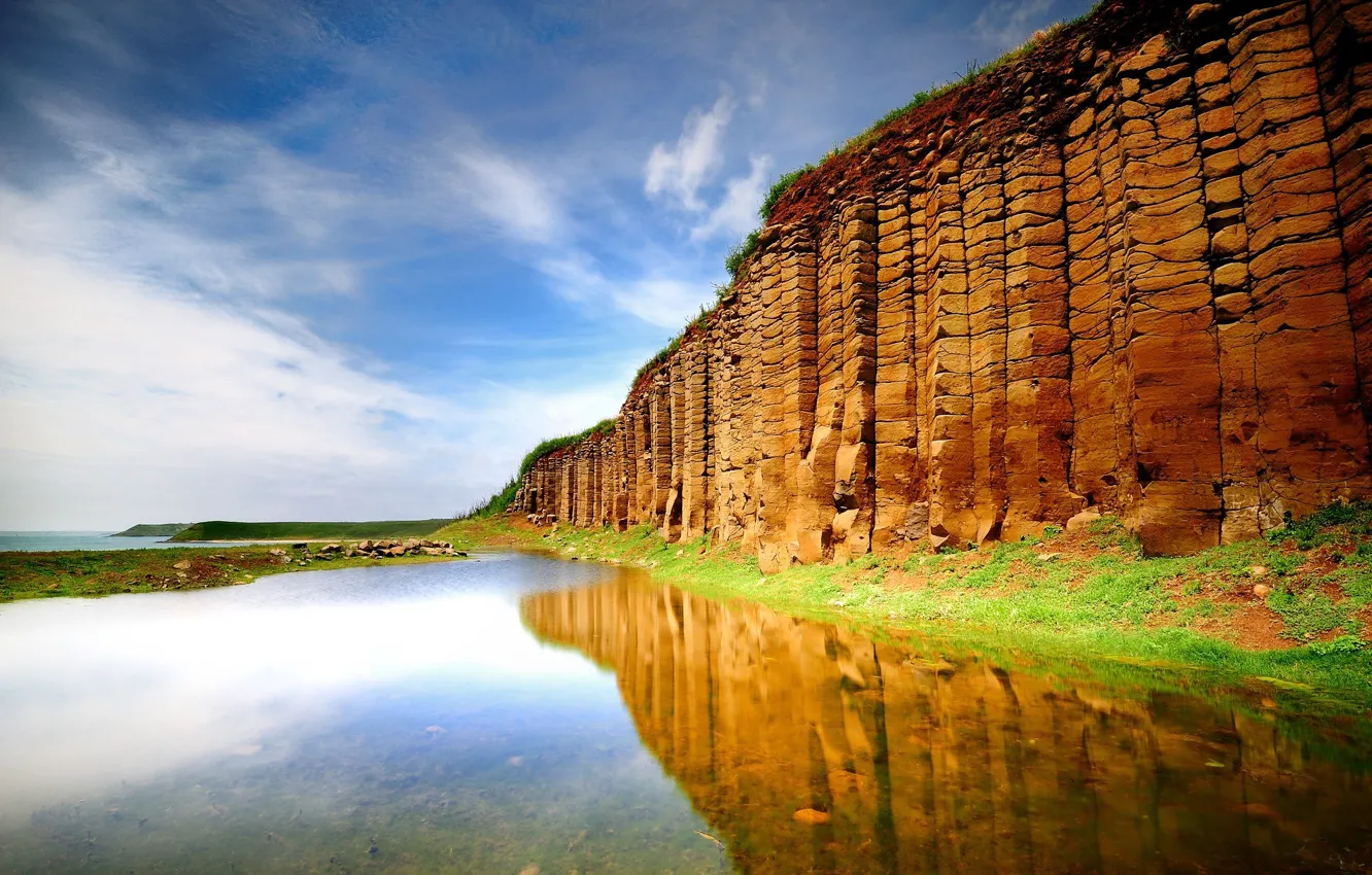 Photo wallpaper sea, greens, grass, water, lake, surface, reflection, wall