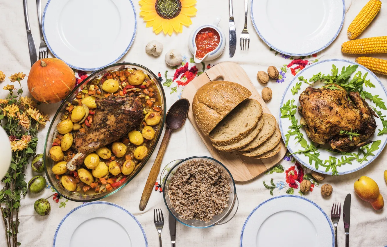 Photo wallpaper food, bread, pumpkin, nuts, buckwheat, baked chicken, Turkey leg