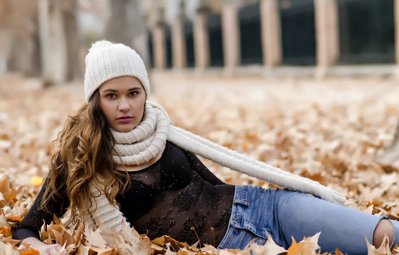 Photo wallpaper autumn, look, leaves, girl, sweetheart, model, jeans, scarf