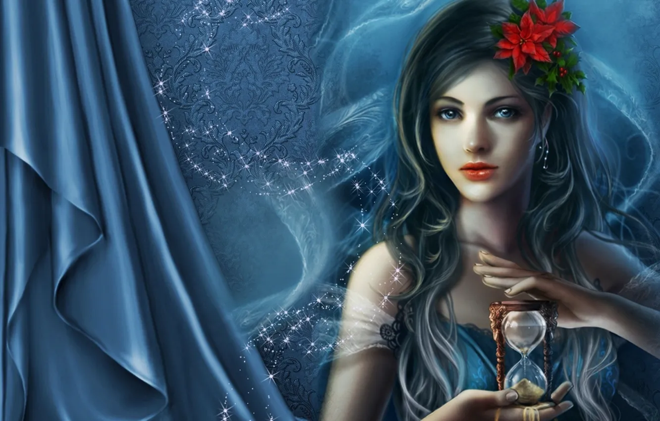 Photo wallpaper sand, girl, flowers, Shine, art, sparks, fabric, hourglass