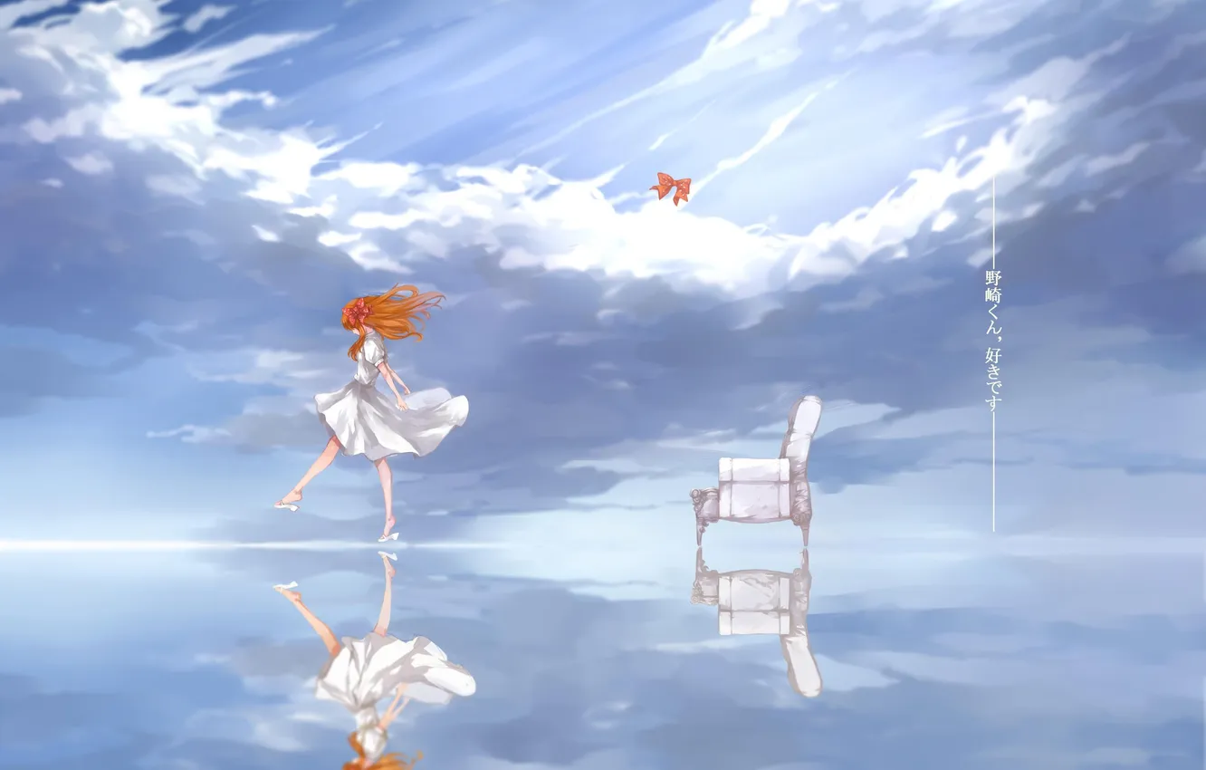 Photo wallpaper the sky, water, girl, clouds, reflection, anime, art, bow