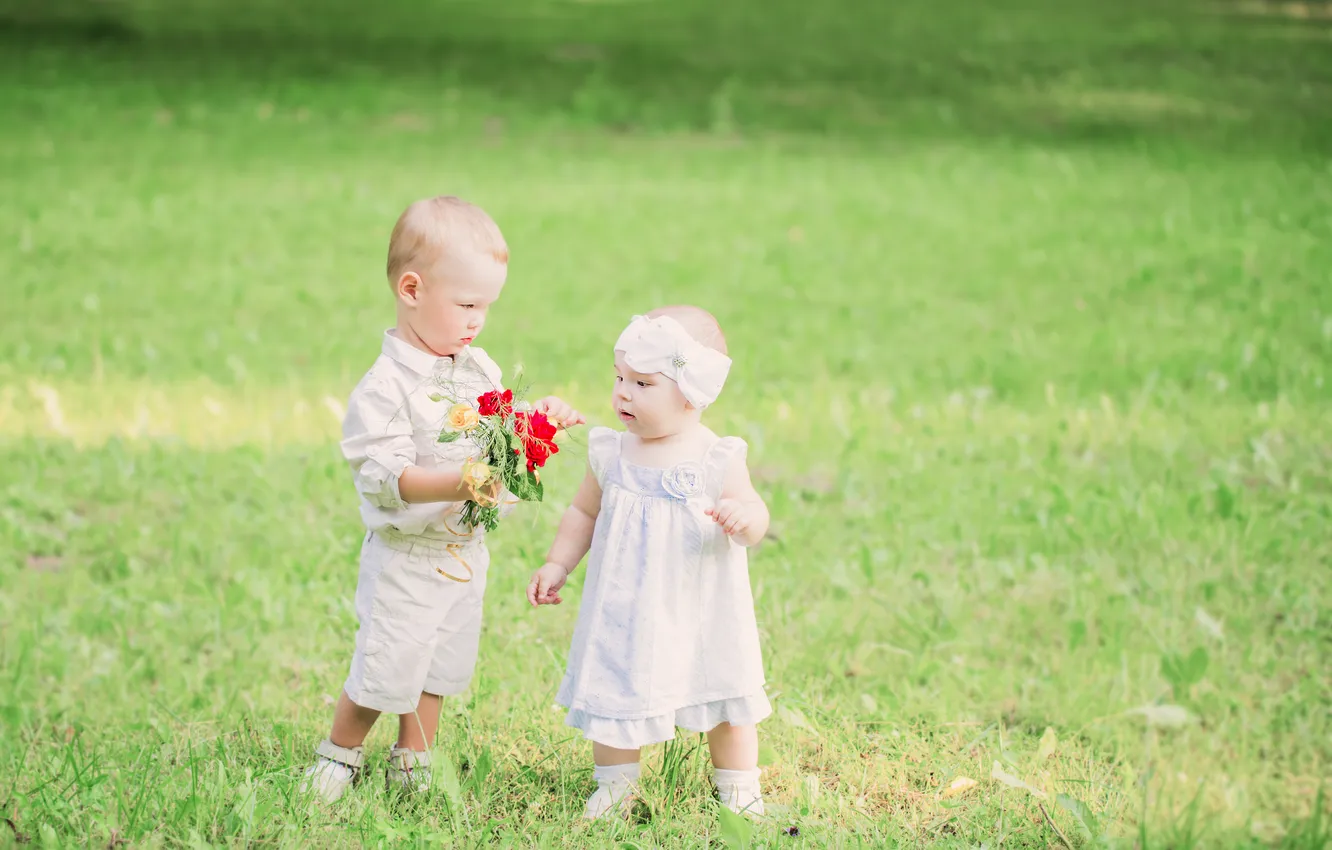 Photo wallpaper flowers, children, bouquet, boy, girl, lawn