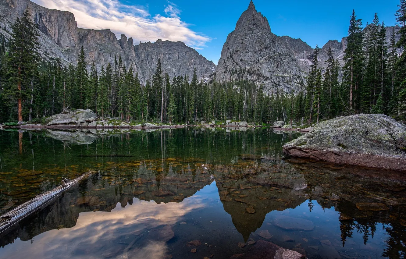 Photo wallpaper the sky, clouds, trees, mountains, nature, lake, reflection, stones