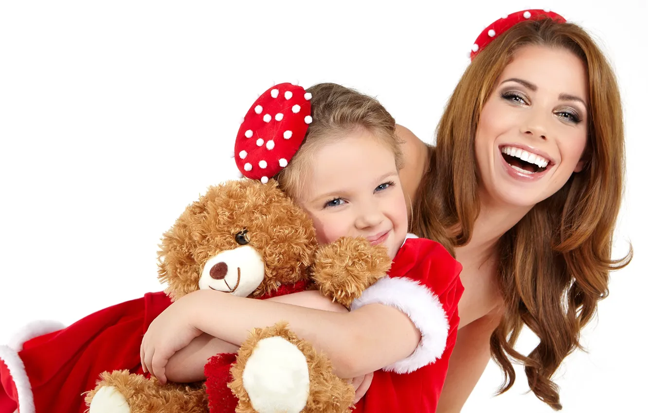 Photo wallpaper girl, happiness, smile, toy, bear, girl, New year, Christmas