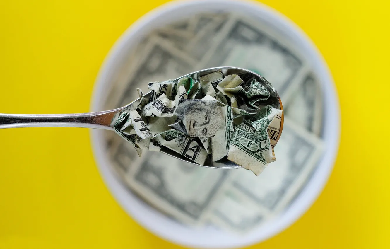Photo wallpaper money, Breakfast, spoon, dollars, torn, bokeh