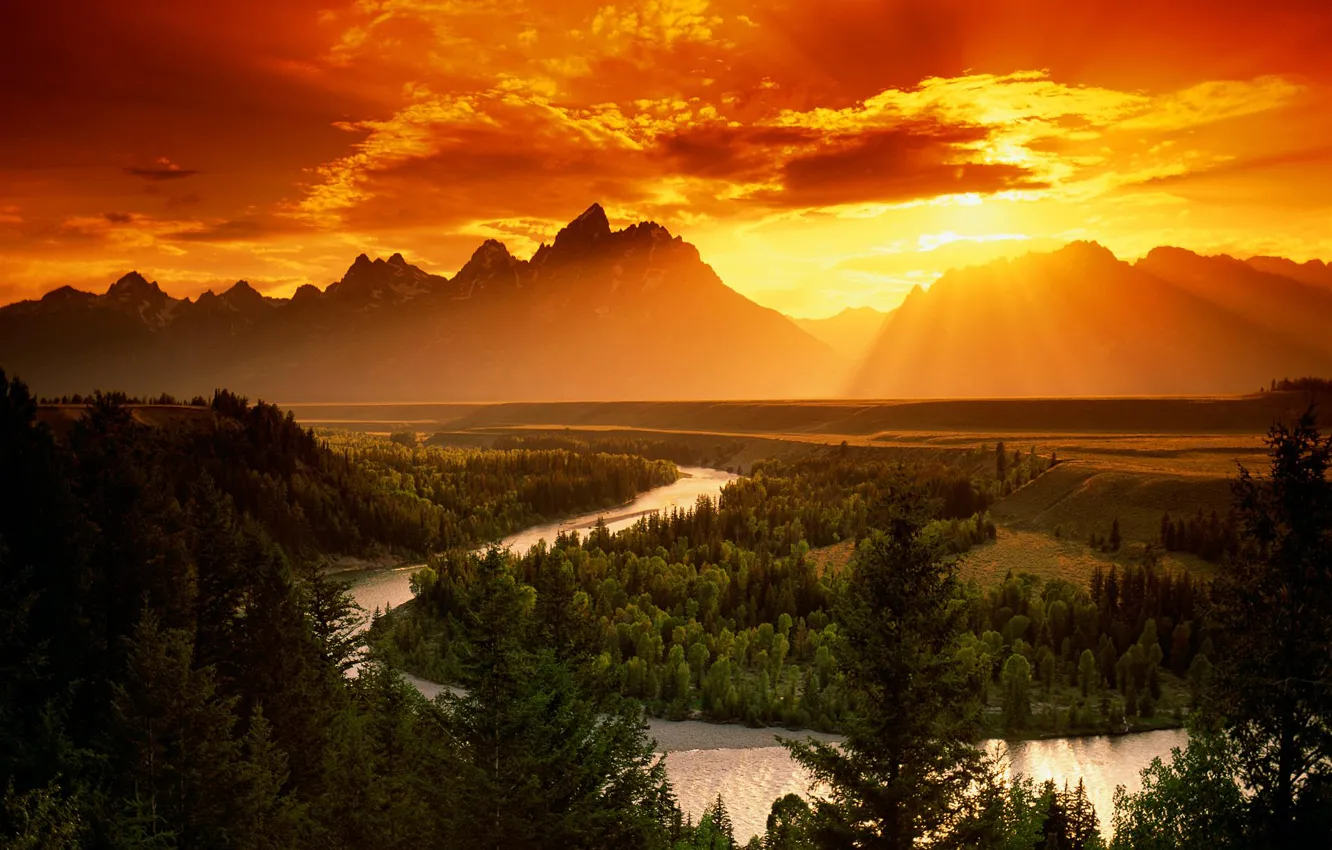 Photo wallpaper sunset, mountains, river