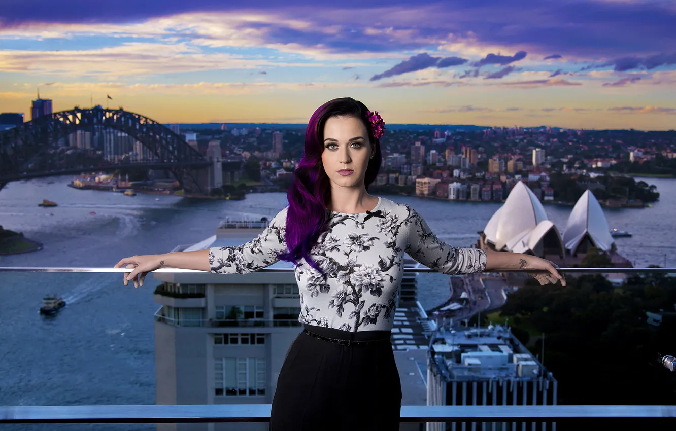 Photo wallpaper sunset, bridge, the city, river, model, skirt, makeup, hairstyle