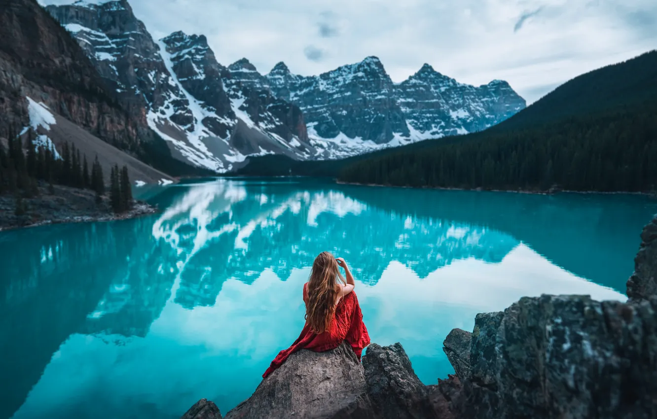 Photo wallpaper forest, water, girl, landscape, mountains, lake, reflection, hair