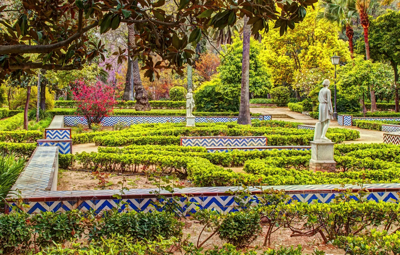 Photo wallpaper design, Park, sculpture, Spain, Maria Luisa Park Sevilla