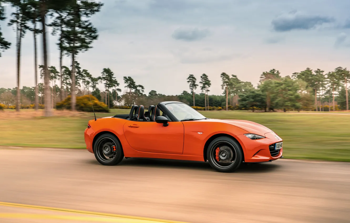 Photo wallpaper orange, movement, Mazda, Roadster, side view, MX-5, 30th Anniversary Edition, 2019