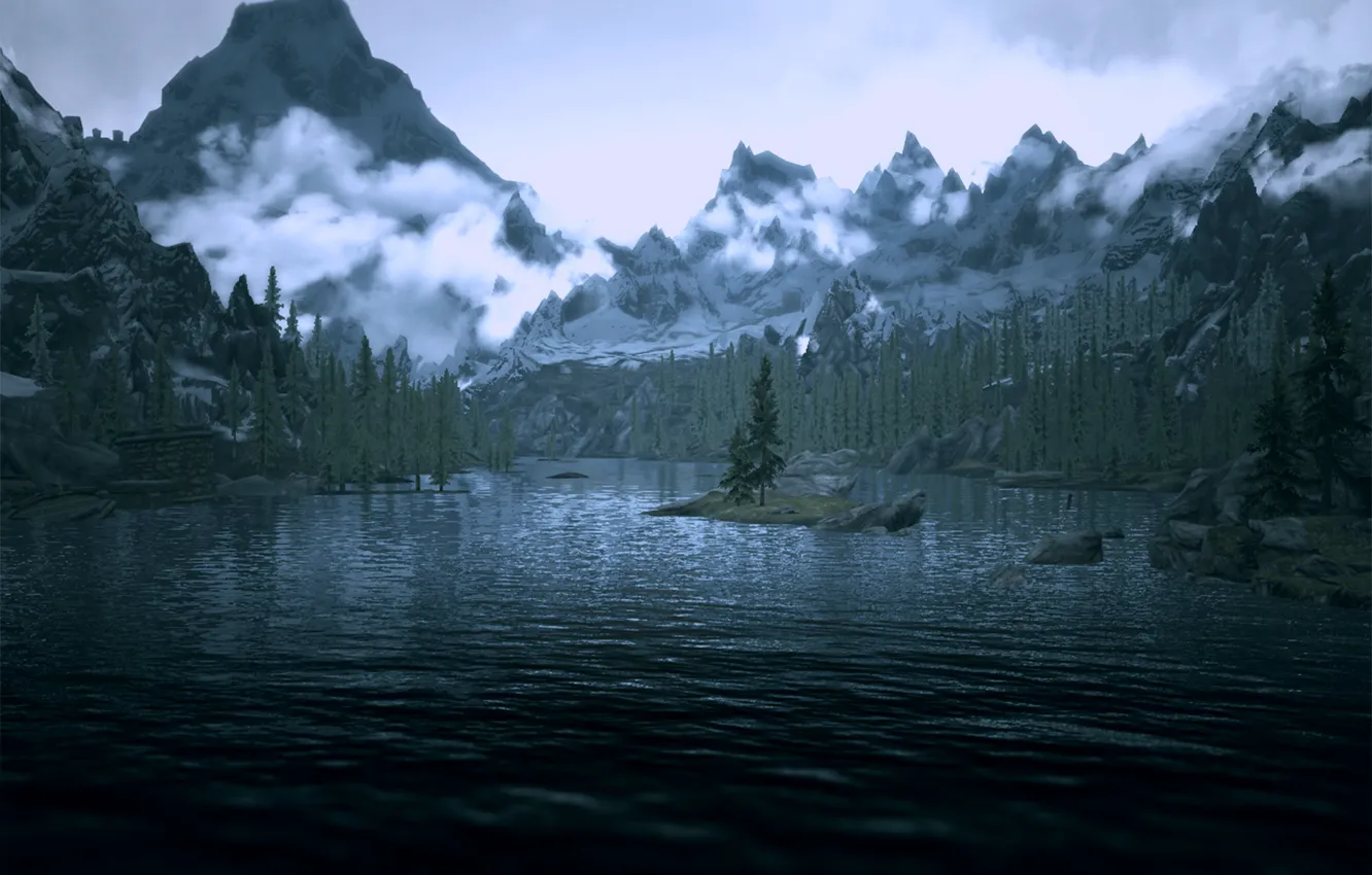 Photo wallpaper mountains, lake, skyrim