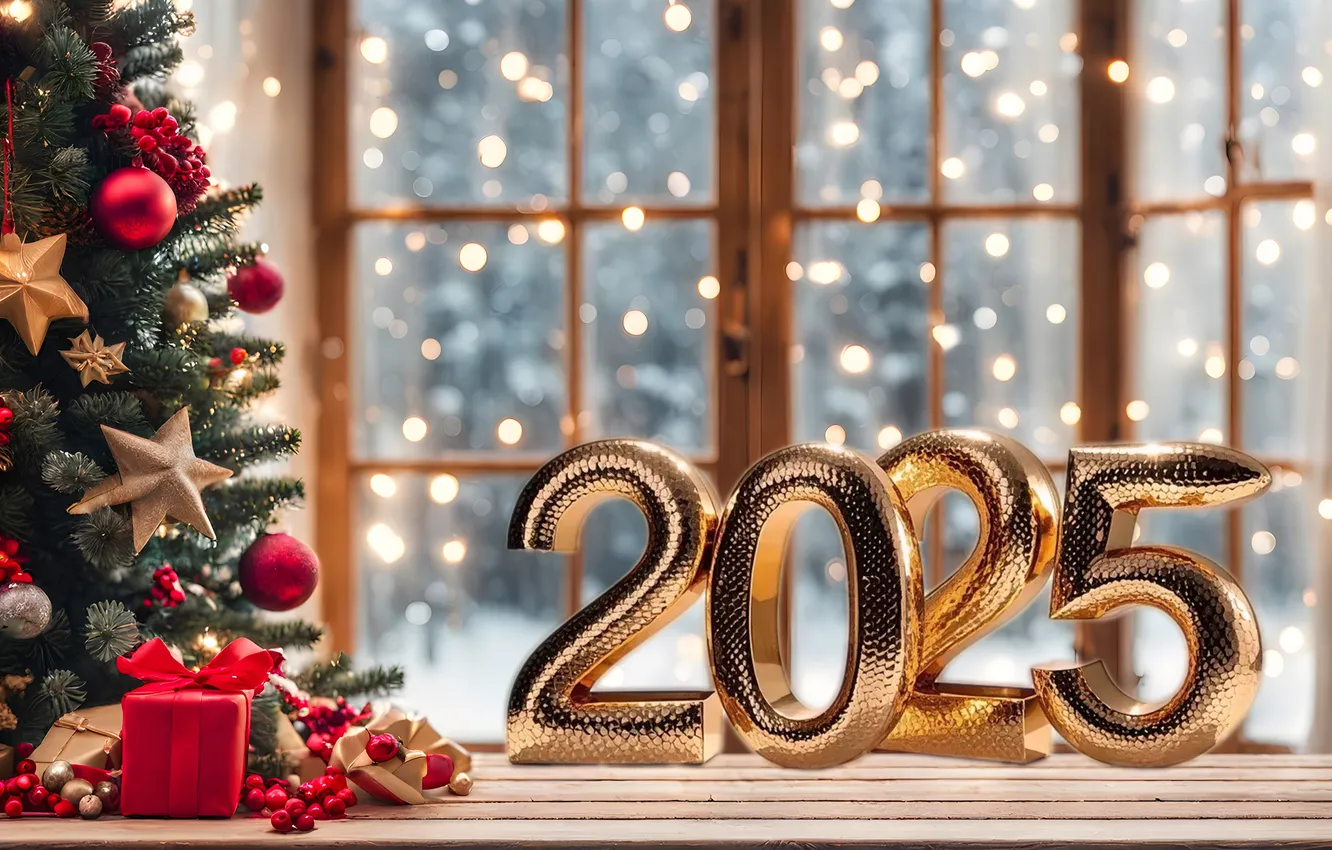 Photo wallpaper snow, decoration, tree, new year, figures, golden, Snake, winter