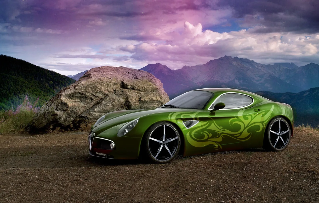 Photo wallpaper the sky, rays, mountains, tuning, stone, rainbow, airbrushing, car