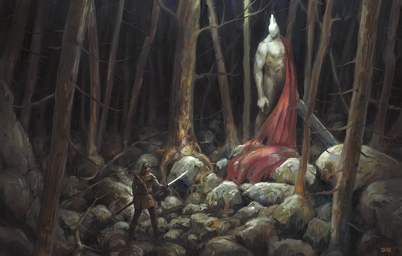 Photo wallpaper forest, trees, stones, people, sword, armor, art