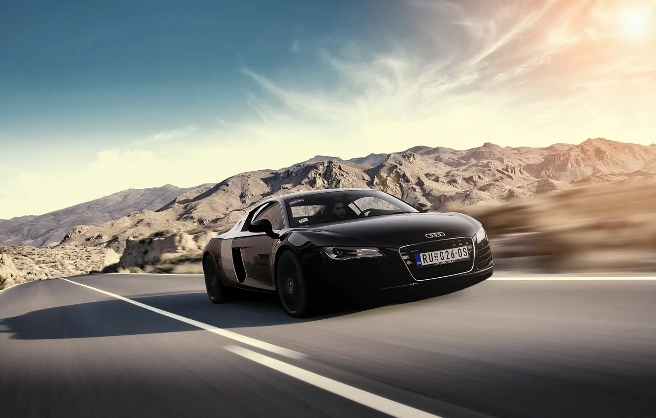 Photo wallpaper the sun, mountains, Audi, Audi, speed, black, black, Blik