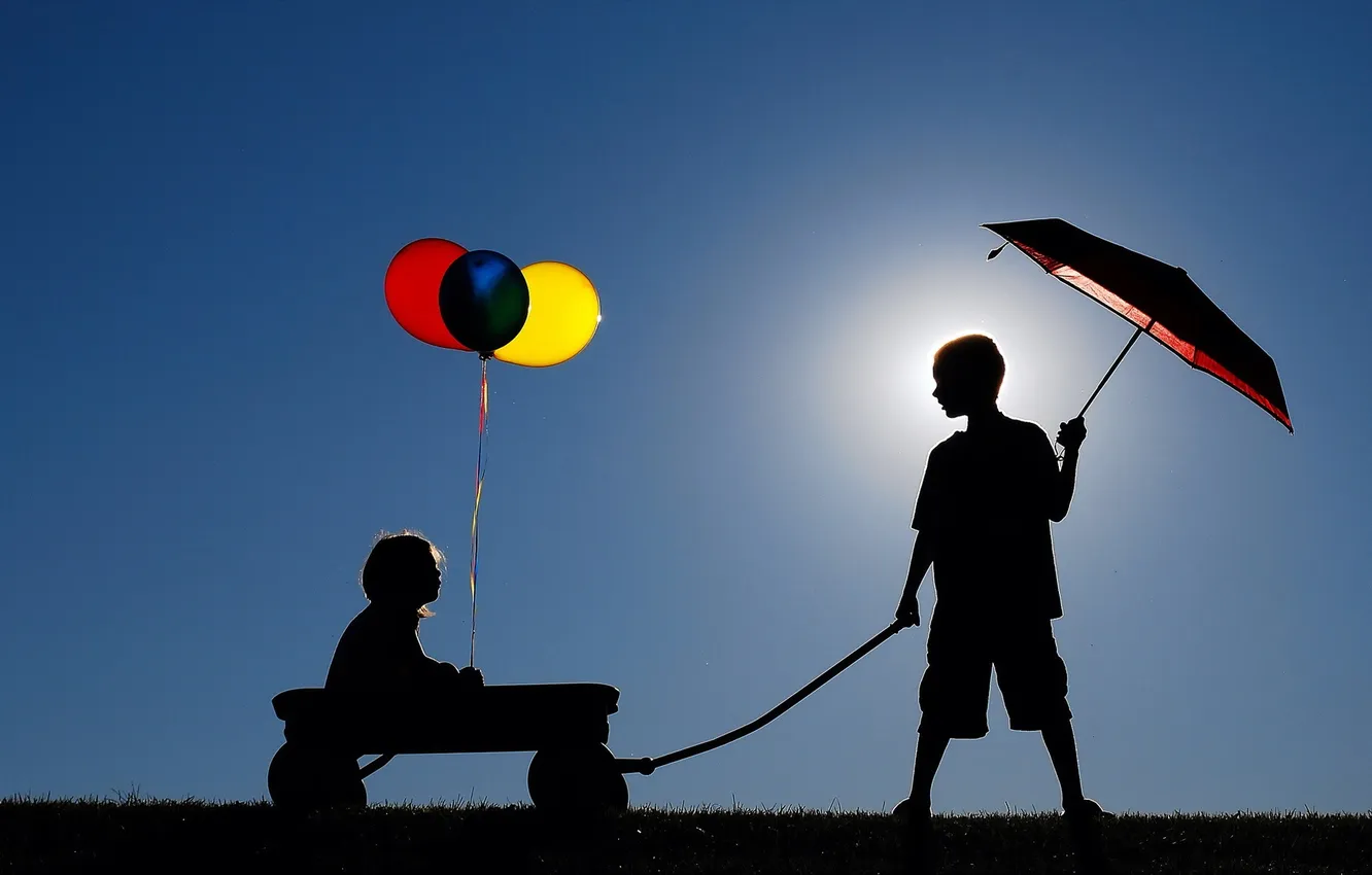 Photo wallpaper children, mood, balls, umbrella, silhouette