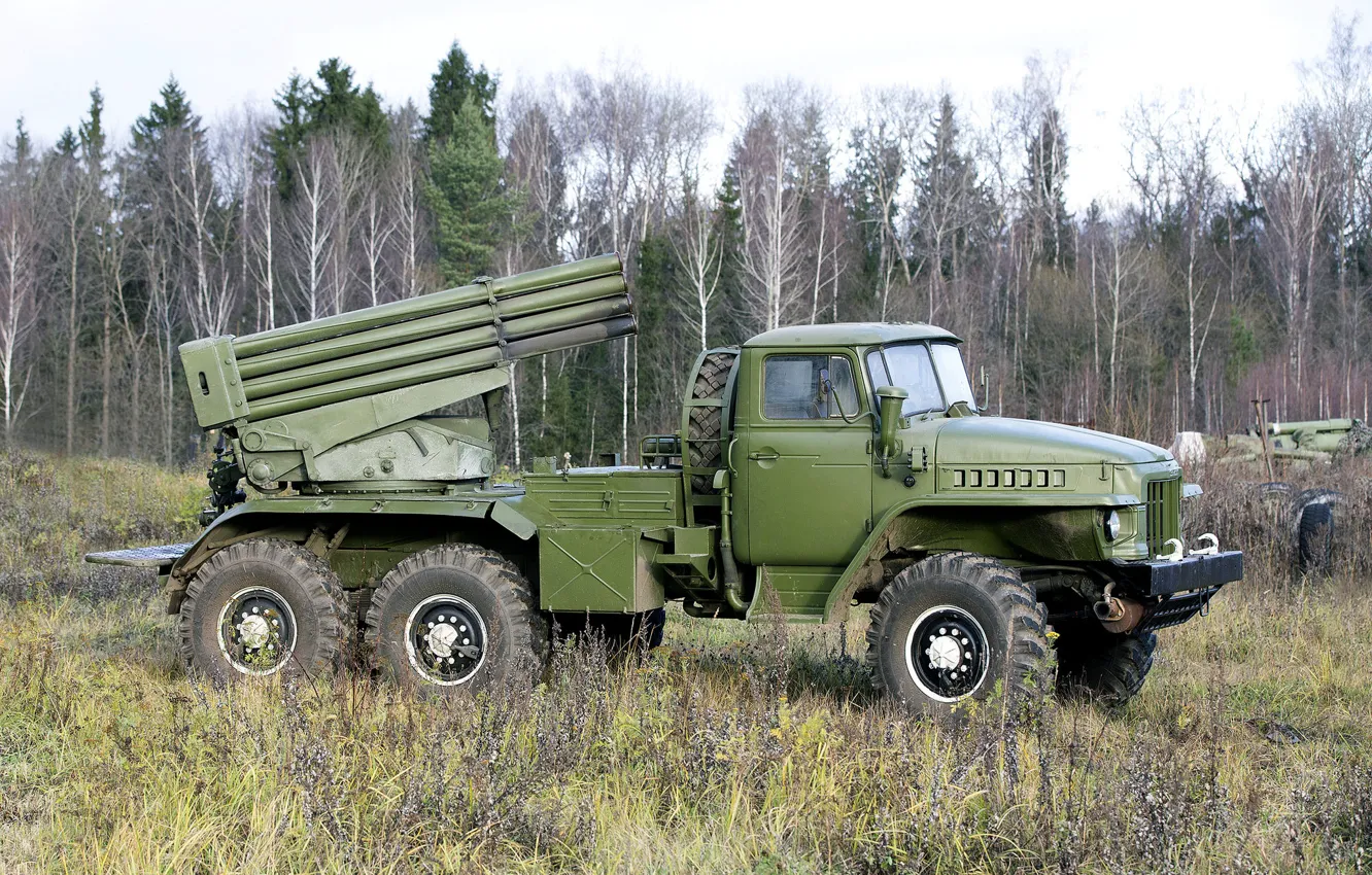 Photo wallpaper forest, lights, system, jet, "Grad", volley, (MLRS), BM-21