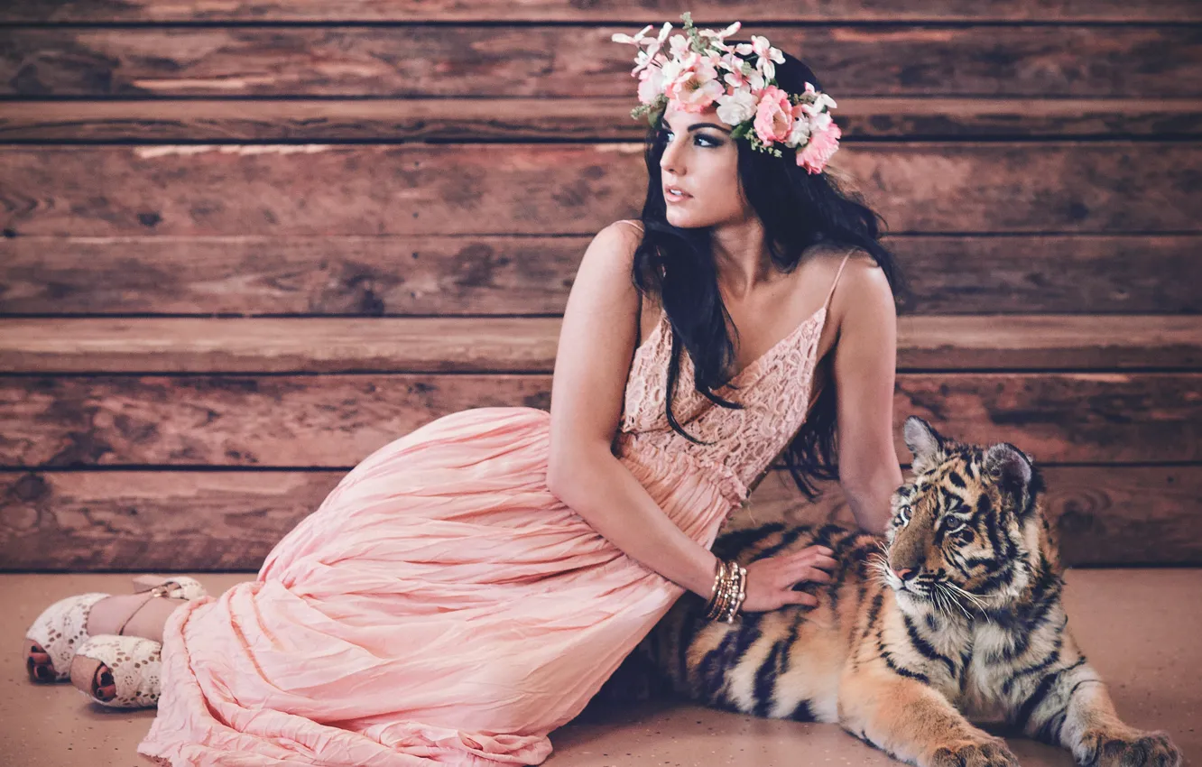 Photo wallpaper girl, trees, room, hair, tiger, pink dress, a crown of flowers