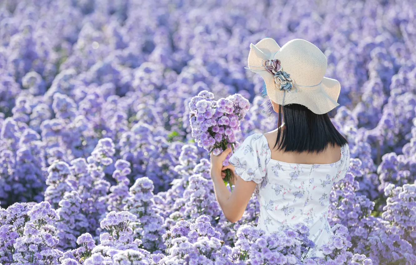 Photo wallpaper field, girl, flowers, bouquet, hat, dress, walk, Asian
