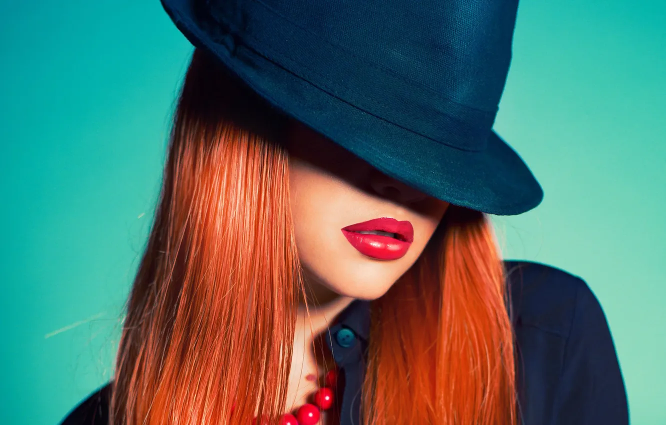 Photo wallpaper girl, hat, lips, redhead, makeup