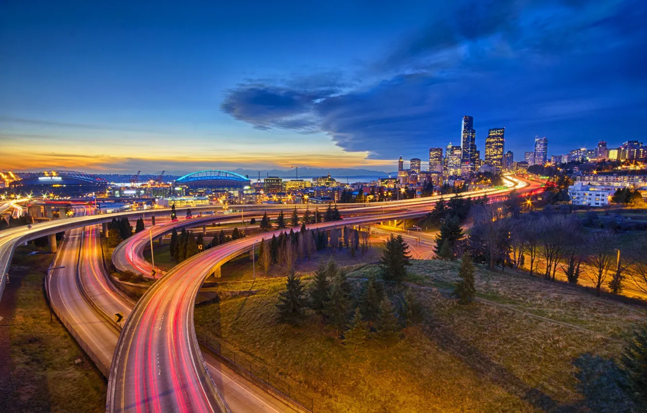 Photo wallpaper road, the sky, HDR, skyscrapers, the evening, Washington, USA, Washington