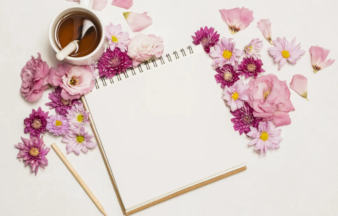 Photo wallpaper flowers, coffee, petals, Notepad
