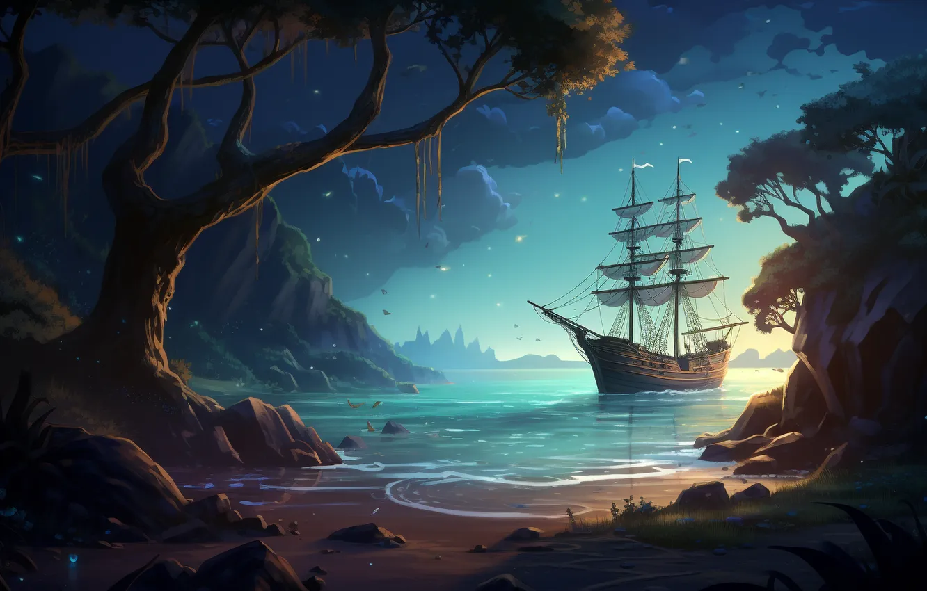 Photo wallpaper trees, ship, sailboat, Laguna, digital art, AI art, The Art of Artificial Intelligence, neural network