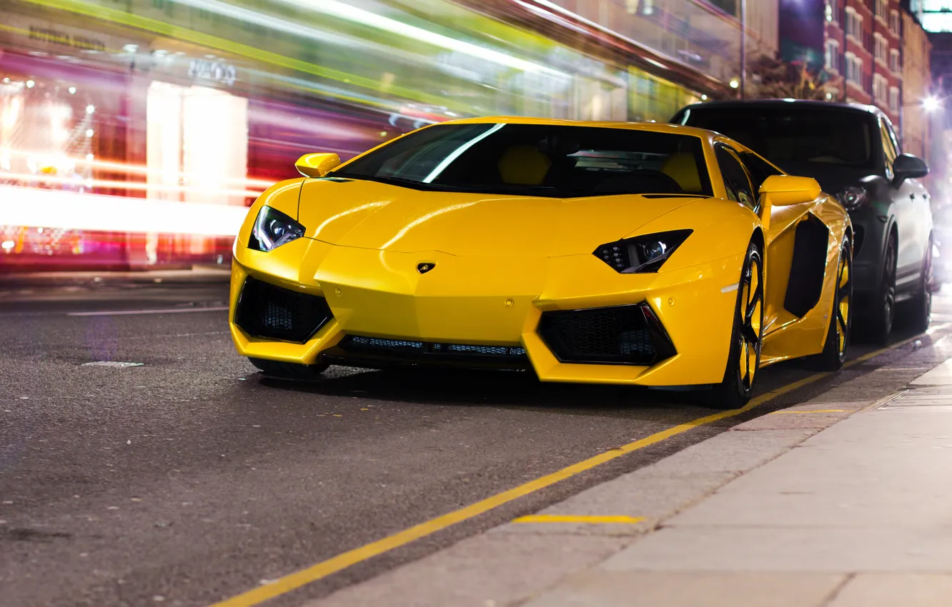 Photo wallpaper night, the city, yellow, street, Lamborghini, LP700-4, Aventador, Lamborghini