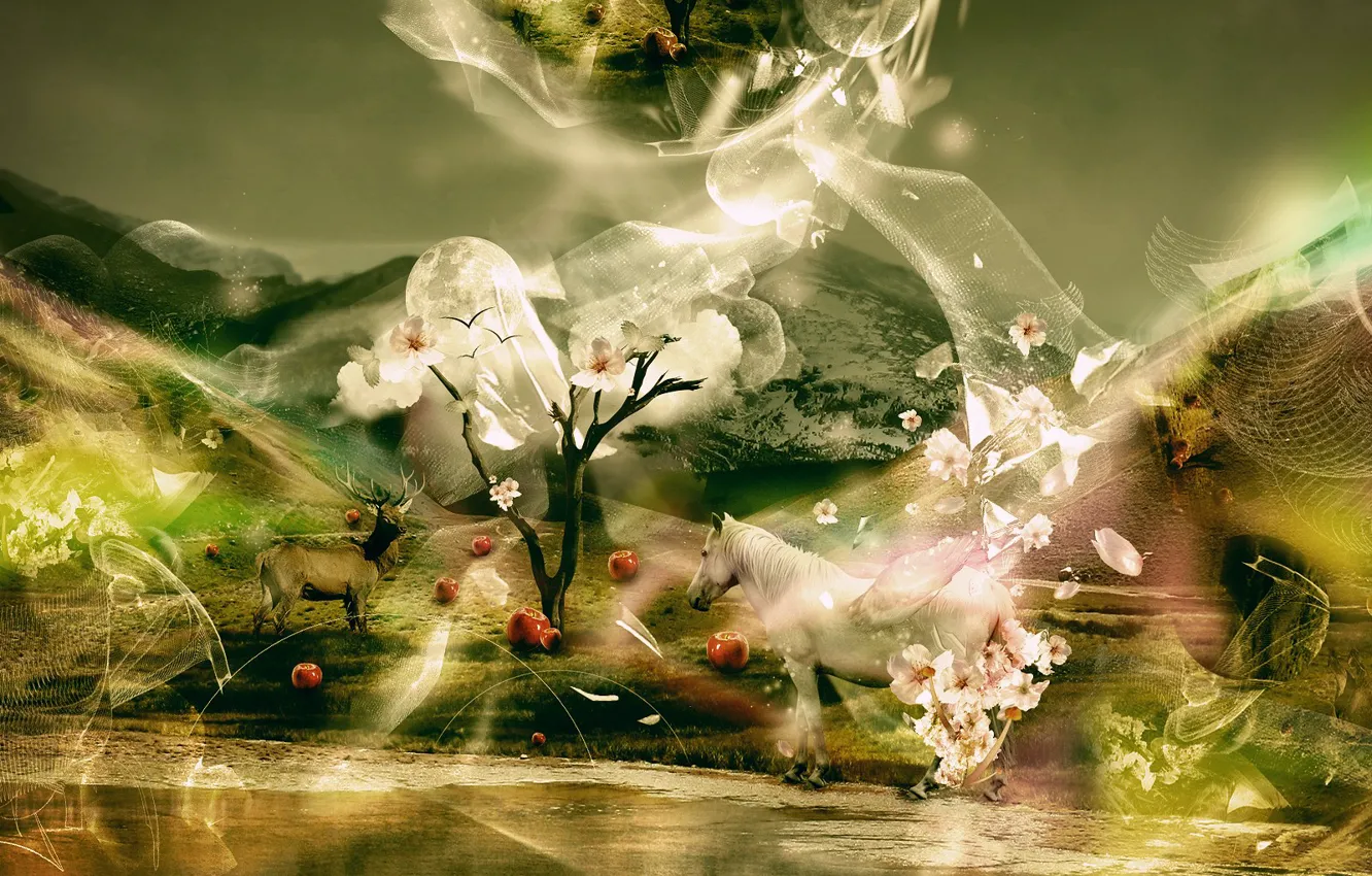 Photo wallpaper trees, flowers, fiction, apples, horse, deer