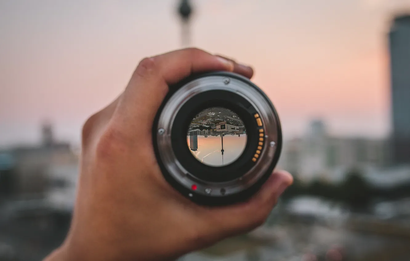 Photo wallpaper landscape, hands, Germany, lens, twilight, bokeh, Berlin, TV tower
