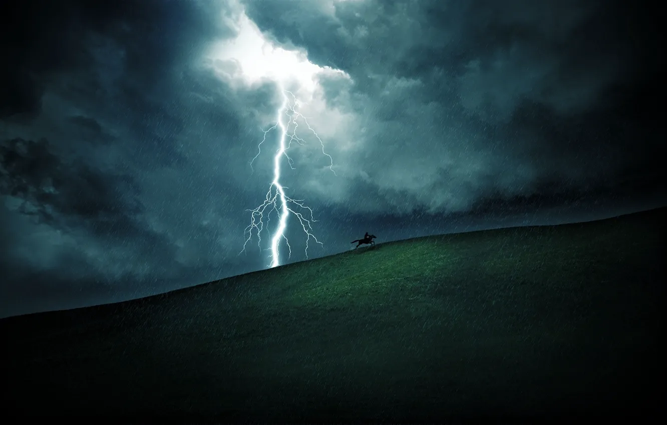 Photo wallpaper field, the sky, grass, clouds, rain, hills, zipper, lightning
