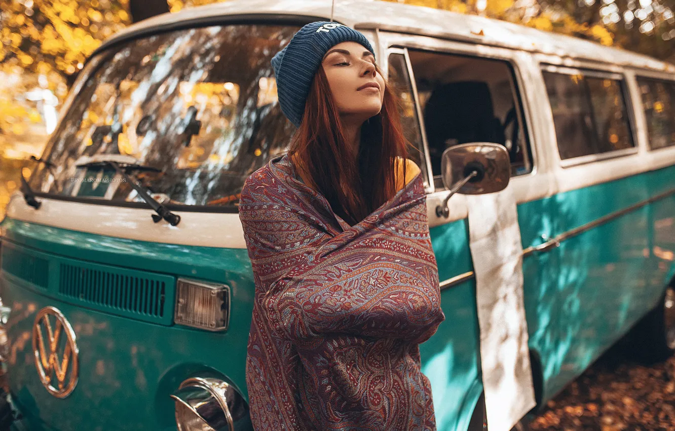 Photo wallpaper machine, autumn, forest, girl, pose, hat, red, Inga Lis