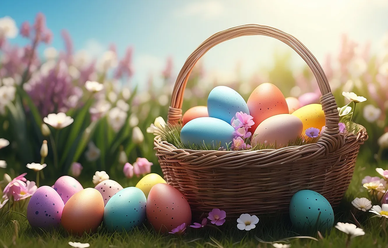 Photo wallpaper flowers, eggs, spring, colorful, Easter, flowers, spring, Easter
