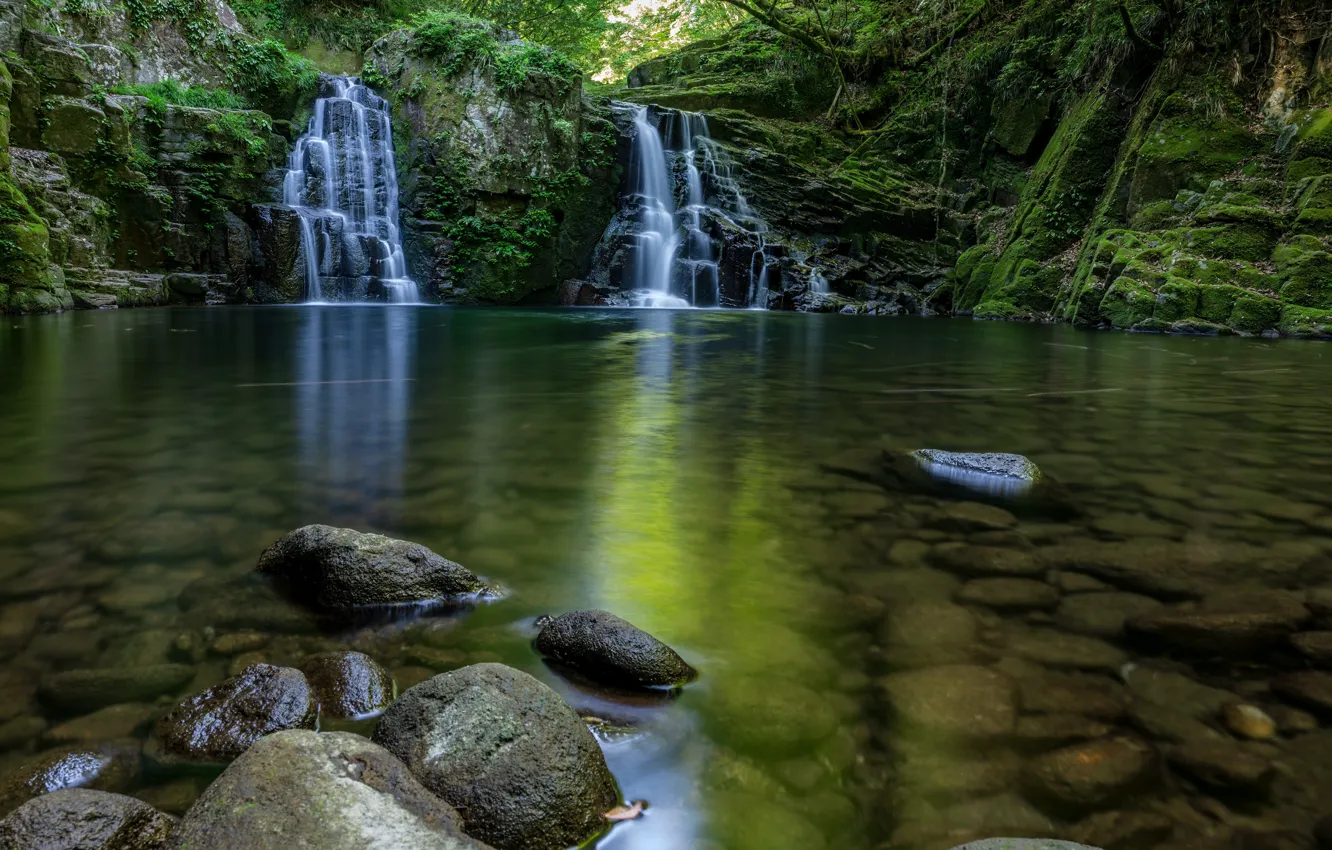Photo wallpaper stones, shore, waterfall, pond