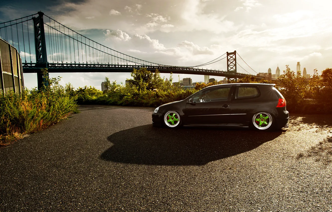 Photo wallpaper bridge, the city, volkswagen, Golf, golf, Black, Volkswagen, stance