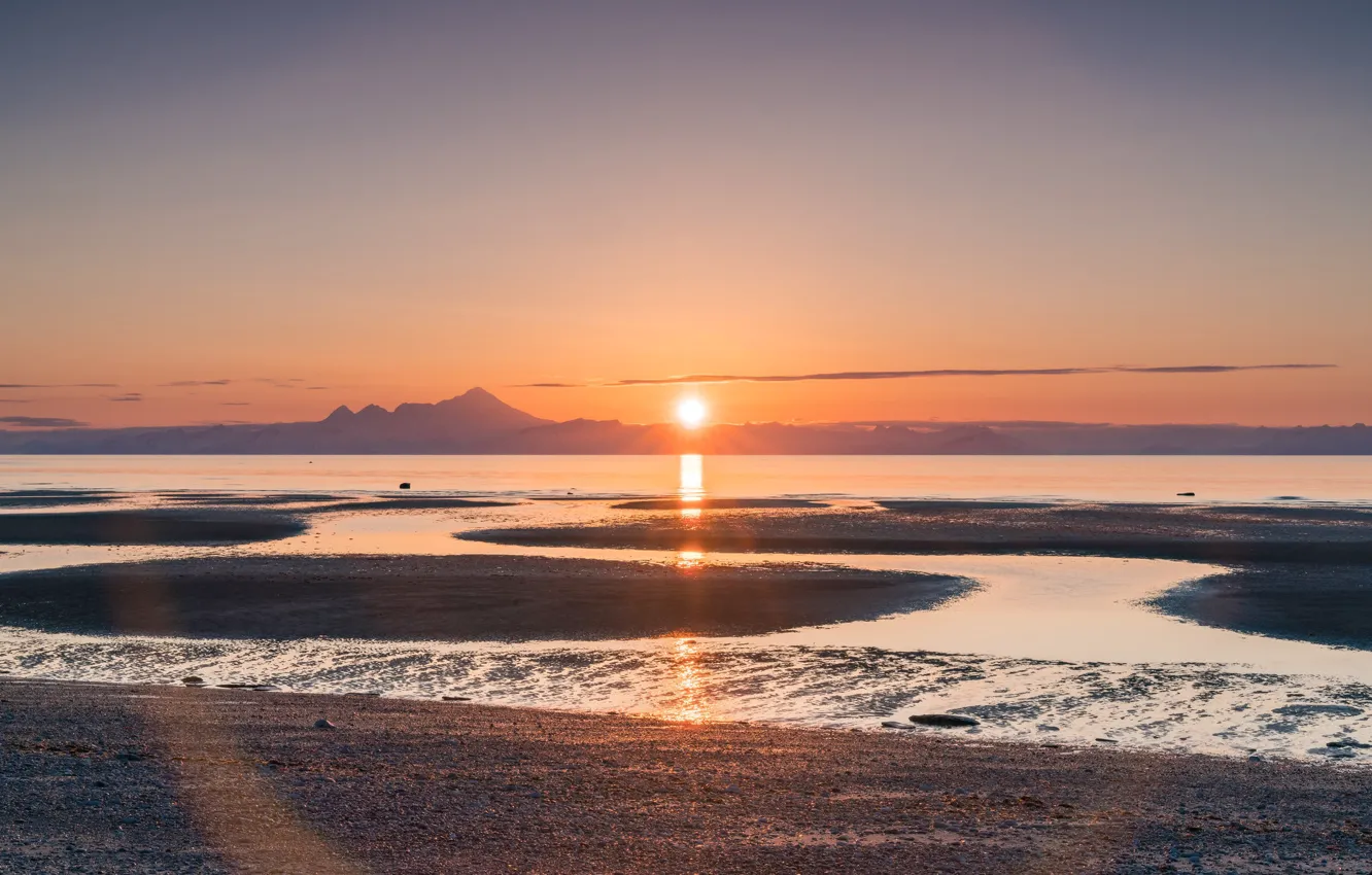 Photo wallpaper beach, the sun, sunset, mountains, dawn, shore, haze, pond