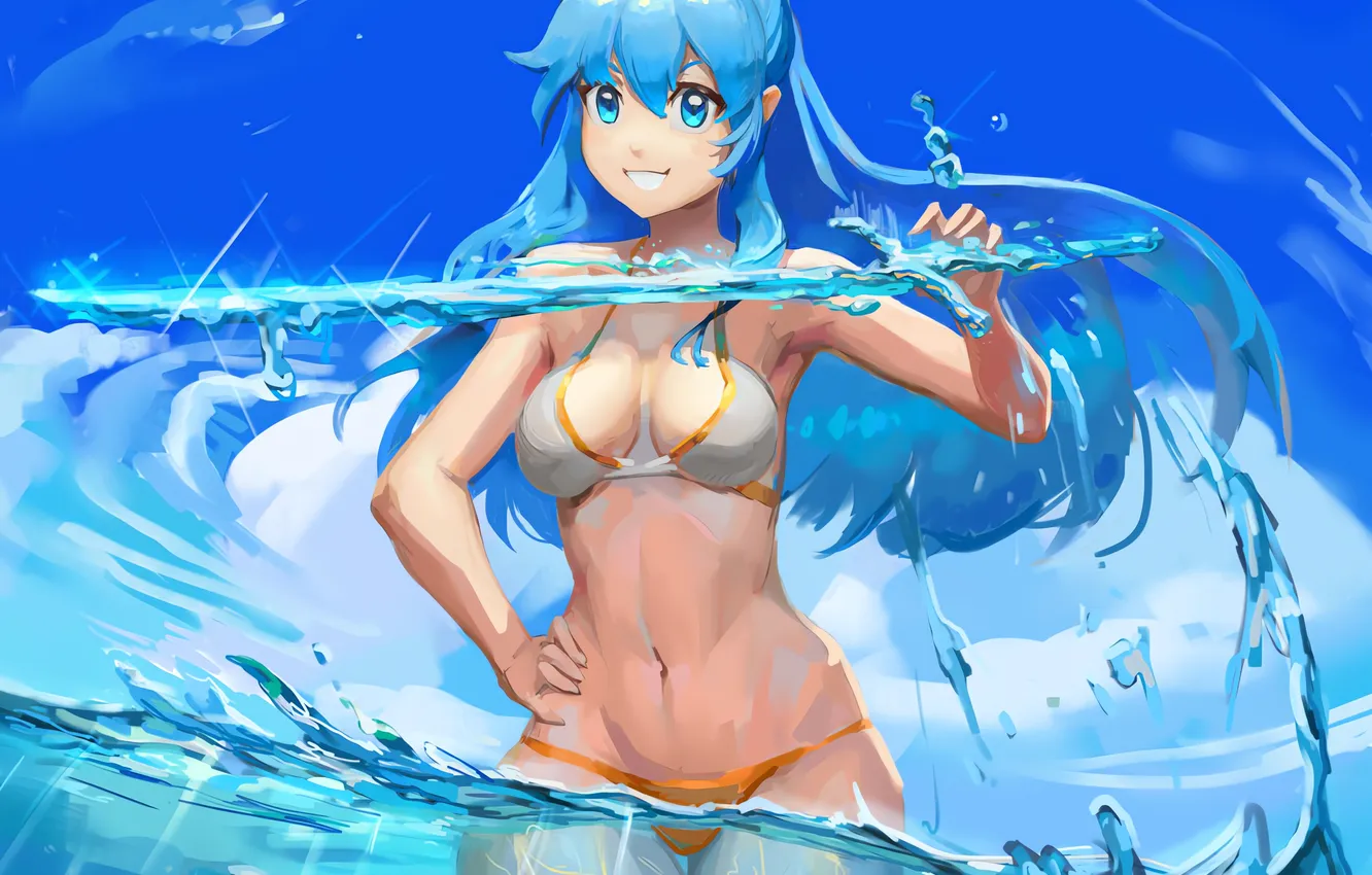 Photo wallpaper girl, sexy, cleavage, beach, long hair, sea, boobs, anime