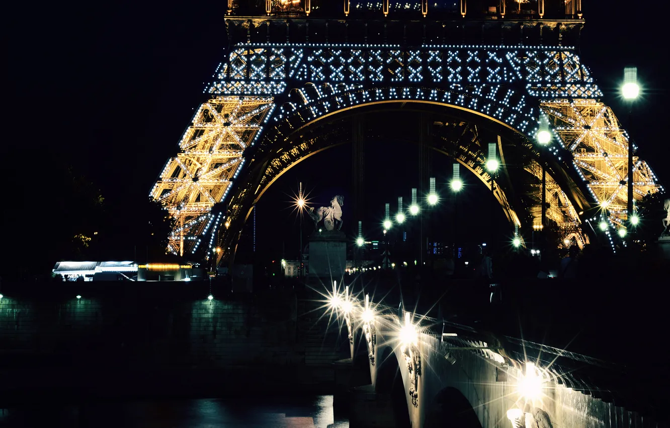 Photo wallpaper night, bridge, the city, lights, river, France, Paris, backlight