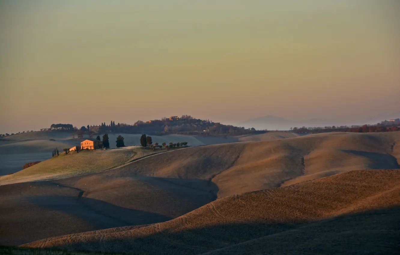 Photo wallpaper field, autumn, the sky, trees, sunset, mountains, hills, home