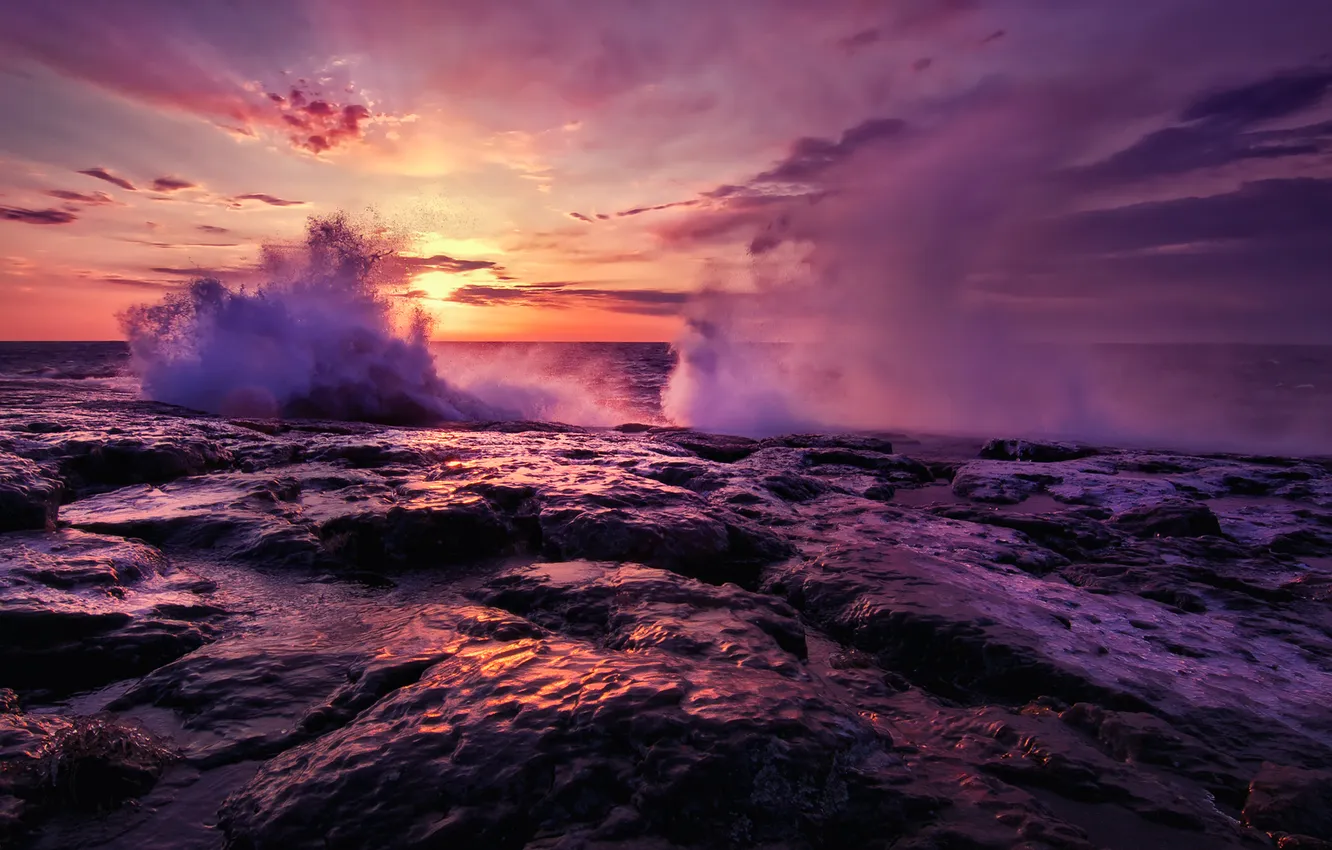 Photo wallpaper sea, wave, the sky, water, the sun, clouds, sunset, squirt