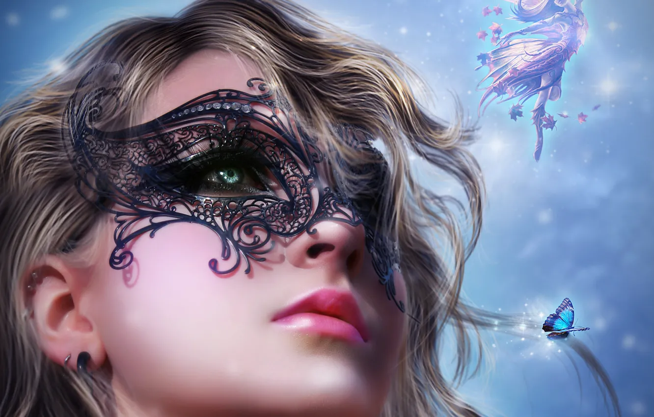 Photo wallpaper look, girl, face, butterfly, hair, wings, mask, fairy
