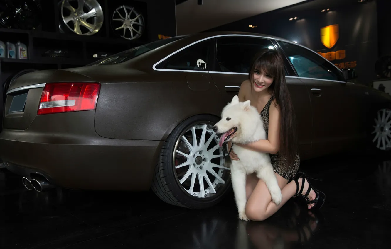 Photo wallpaper auto, look, girl, smile, Audi, dog, Asian, beautiful girl