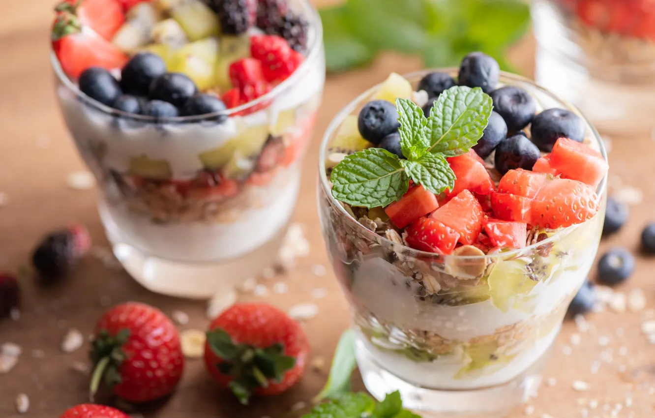 Photo wallpaper berries, strawberry, glasses, mint, dessert, blueberries, muesli, granola