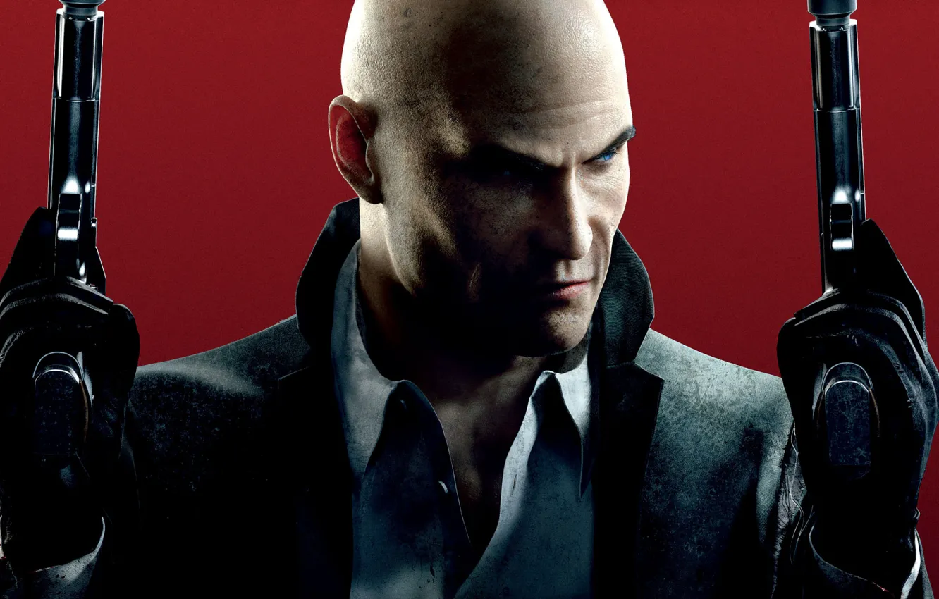 Photo wallpaper weapons, blood, bald, gloves, shirt, jacket, Agent 47, Silver baller