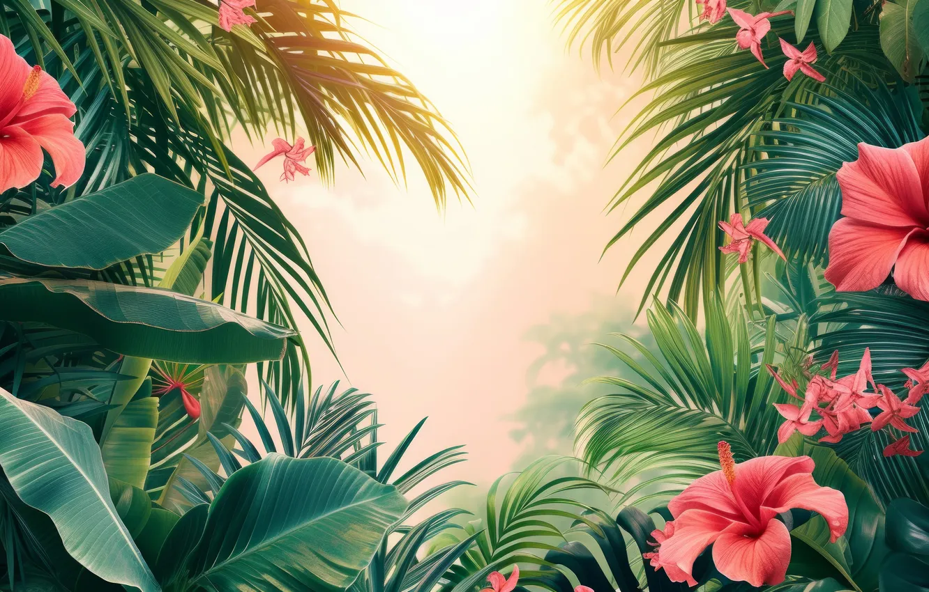 Photo wallpaper leaves, flowers, tropics, texture, frame, Exotic, Tropical Plants, AI art