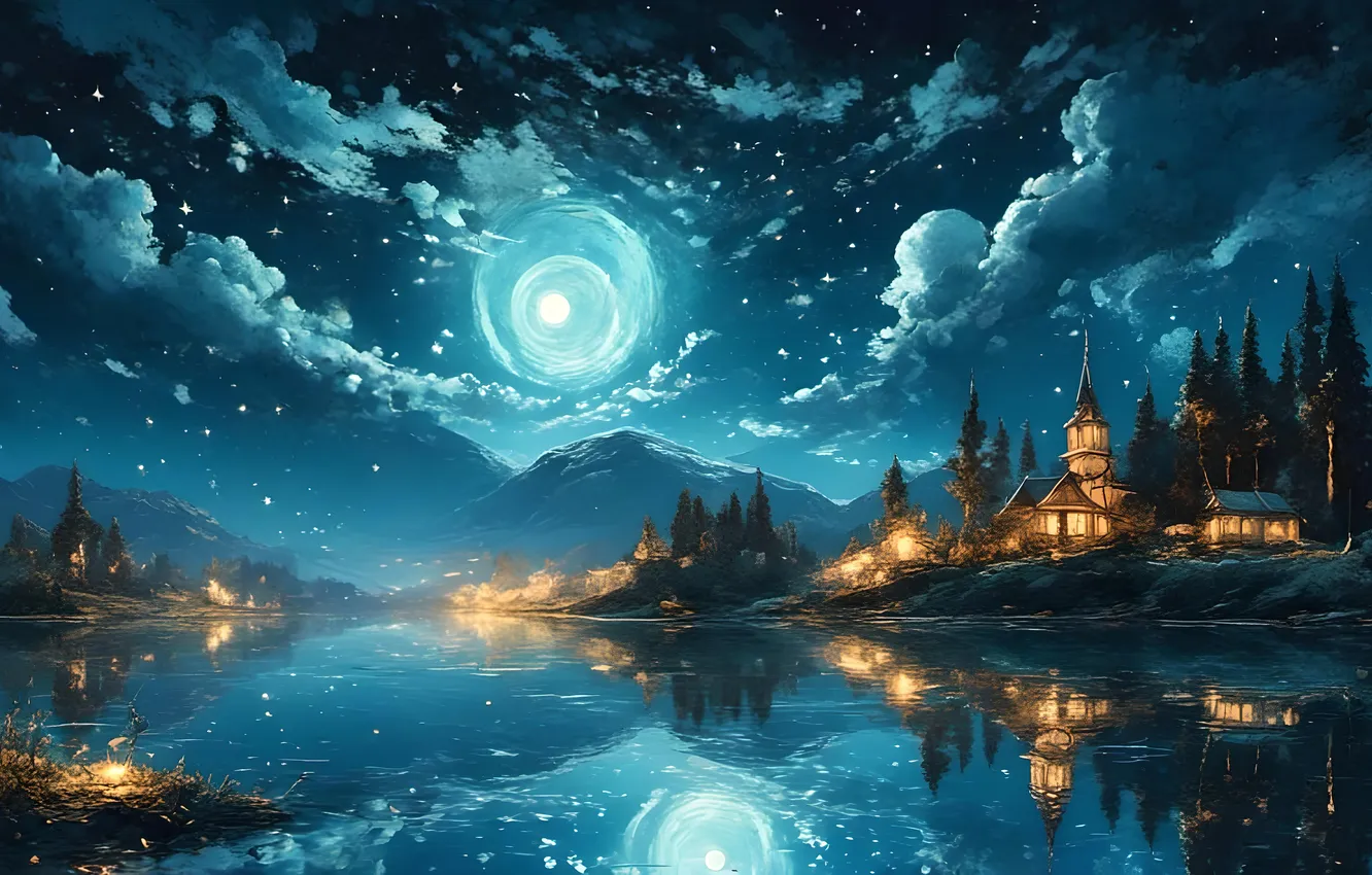 Photo wallpaper forest, the sky, clouds, light, landscape, mountains, night, nature